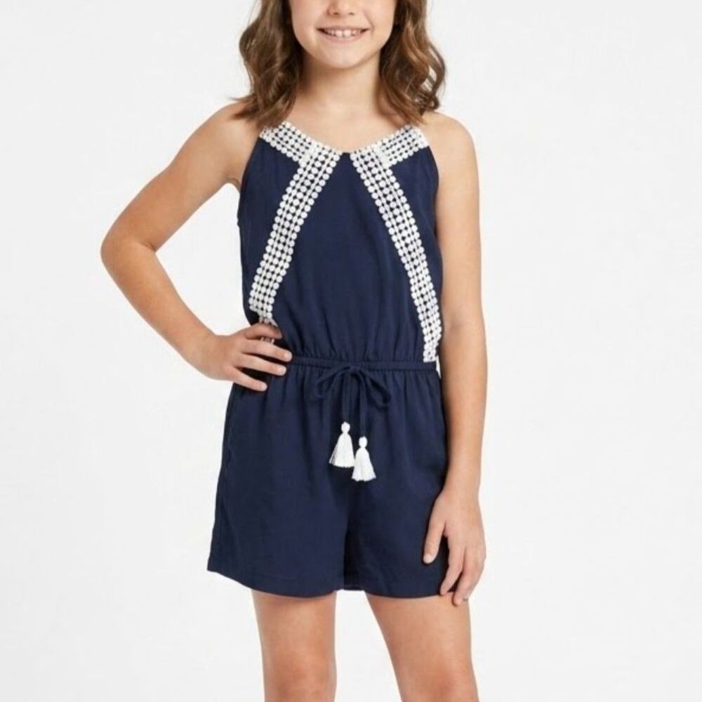 Navy Blue & White Lace Halter Style Aztec Cowgirl Shorts Romper - Japna Girls 10
